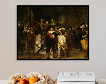 May include: A framed oil painting depicting a group of men in 17th-century clothing, some holding weapons, in a dimly lit room. The painting is known as "The Night Watch" by Rembrandt van Rijn.