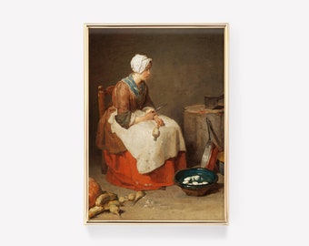 Jean Siméon Chardin - The Kitchen Maid (1738) | Vintage Poster, Knife Print, Kitchen Wall Art, Chef Painting, Woman Portrait Eclectic Print