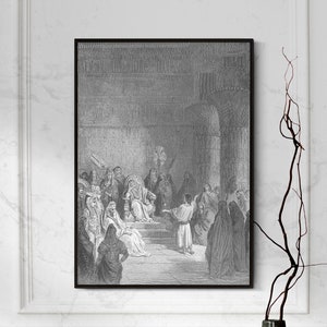 May include: A black and white engraving depicting a scene from the Bible. A man in a robe sits on a throne surrounded by other people. The scene is set in a large room with pillars and arches.