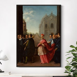 May include: A painting depicting a group of men in 17th-century clothing standing in front of a building. The central figure is a cardinal wearing a red robe and a white mitre. The building has a white facade with columns and arches. The painting is set against a blue sky with white clouds.