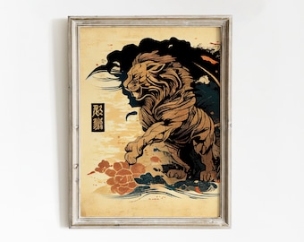 Japanese Lion Poster | Animal Poster | Lion Art Print | Lion Wall Art | Lion Artwork | Animal Art Print | Japanese Wall Art | Ukiyo-e Print