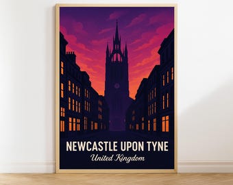 Plakat podróżniczy do Newcastle upon Tyne, sztuka ścienna do Wielkiej Brytanii, wydruk w stylu vintage, dekoracja podróżnicza, prezent do Newcastle