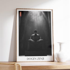 May include: Black and white photograph of a monk sitting in meditation with a spotlight shining down on him. The text "Dogen Zenji" is printed below the image.