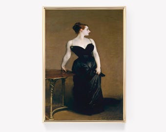 May include: A painting of a woman in a black dress standing next to a table. The woman is wearing a pearl necklace and has her hair pulled back. The background is a muted brown color.