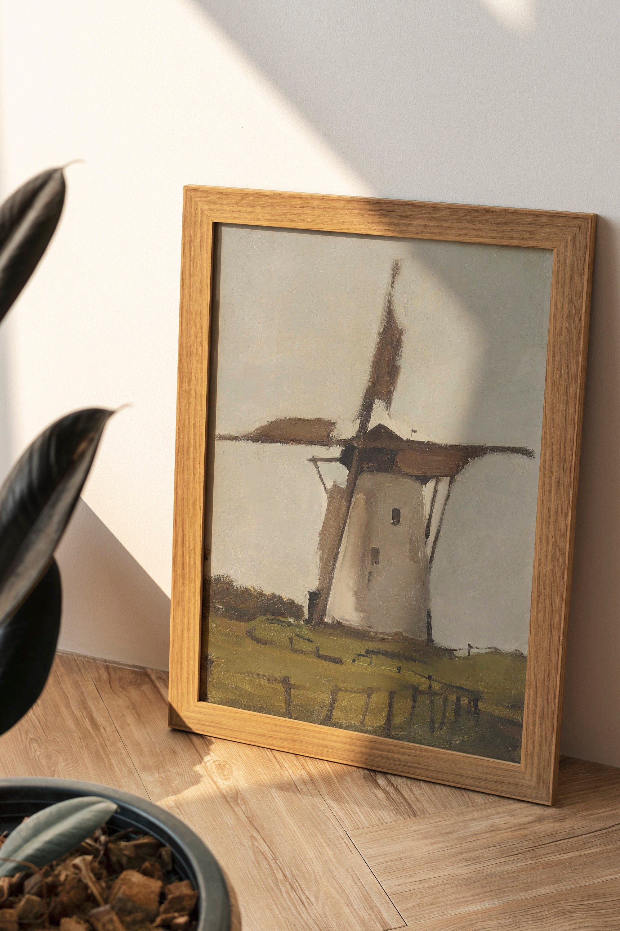 ARTZIO Bauernhaus Ölgemälde Gerahmt – Windmühle Im Reisfeld, Vintage Landschaftsbild 20x25 Cm, Fertig Zum Aufhängen