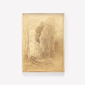 May include: A framed black and white etching of a landscape with two trees in the foreground and a faint sky in the background.