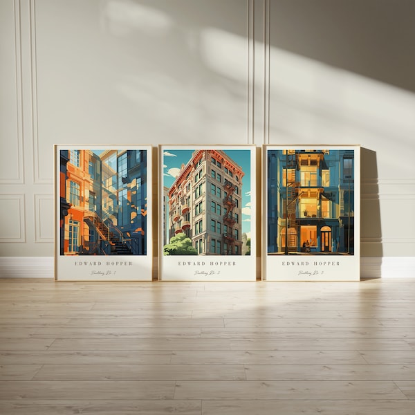 Building Set of 3 Art Prints | Edward Hopper Exhibition Print | Building Print | Building Poster | Mid Century | Gallery Wall Decor