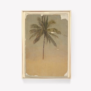 May include: A vintage postcard featuring a palm tree with green leaves against a faded blue and yellow background. The postcard has some wear and tear, adding to its vintage charm.