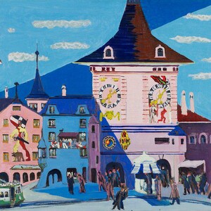 May include: A painting of a colorful town square with a clock tower in the center. The clock tower is pink with a brown roof and two clock faces. The buildings surrounding the clock tower are blue, pink, and yellow. There are people walking in the square.