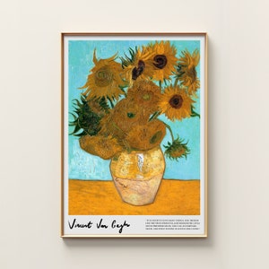 May include: A painting of a vase of sunflowers by Vincent van Gogh. The sunflowers are yellow and brown, and the vase is a light brown color. The background is a light blue color. The painting is framed in a gold frame. The text "It is good to love many things, for therein lies the true strength, and whosoever loves much performs much, and can accomplish much, and what is done in love is well done." is written below the painting.