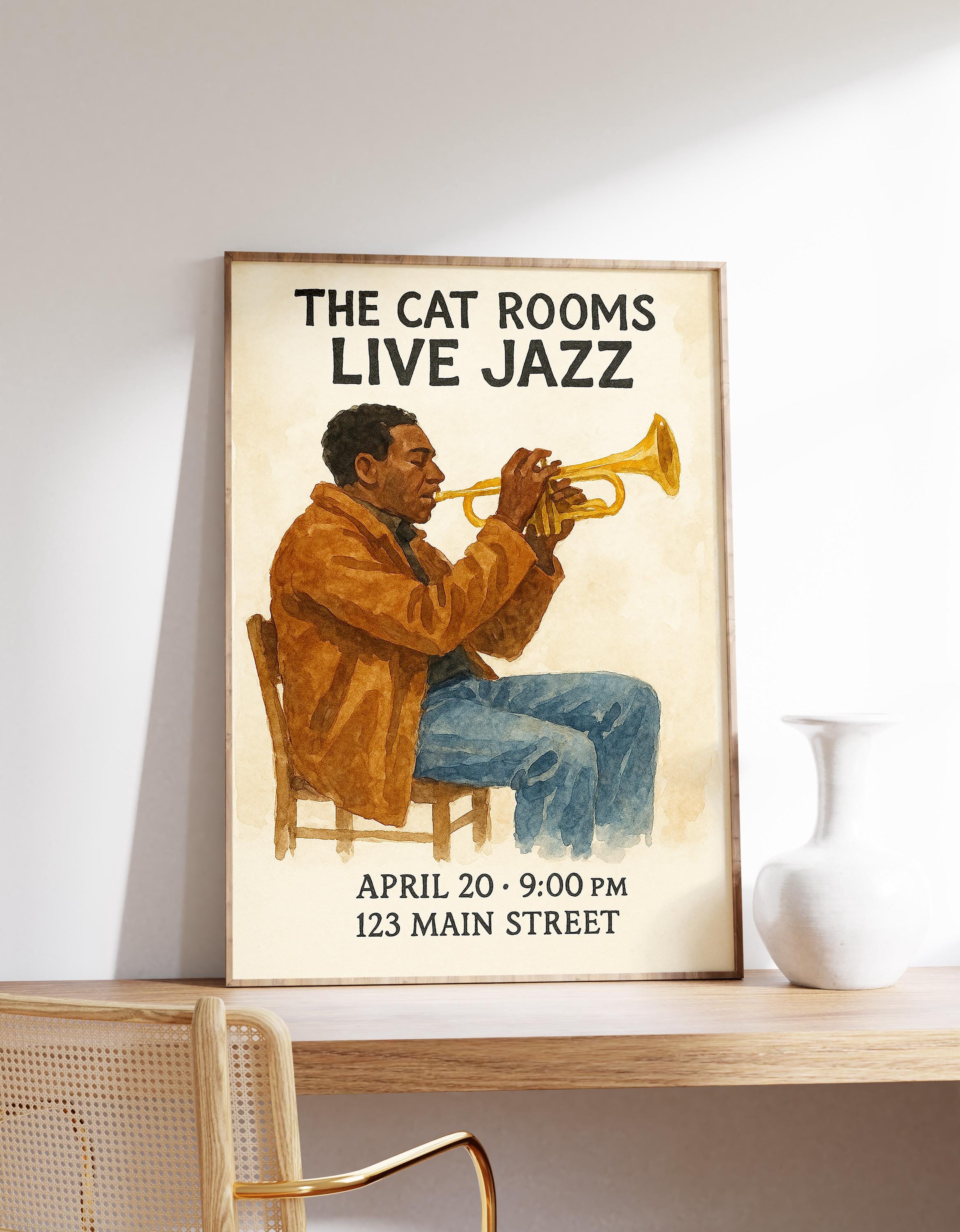 The Cat Rooms Live Jazz Poster – Watercolor Trumpet Player Print