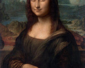 May include: A portrait painting of a woman with long dark hair, wearing a dark brown dress. She has a soft smile and her eyes are looking directly at the viewer. The background is a landscape with mountains and water.