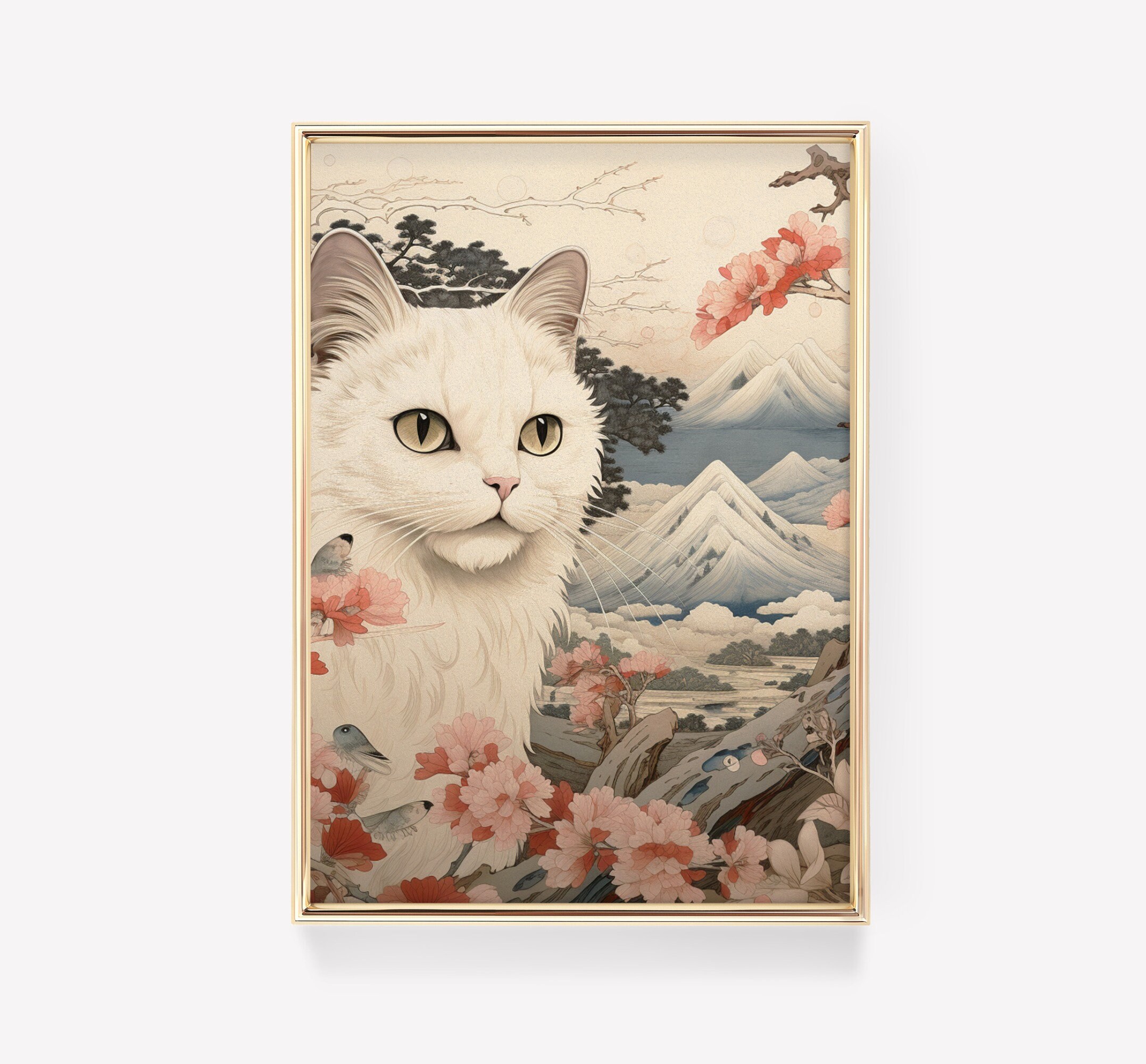 Japanese White Cat Poster | Animal Poster | White Cat Art Print ...
