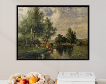 River Landscape | Cows Painting | Country Landscape | Cattle Painting | Farmhouse Decor | Vintage Wall Art | Home Decor Canvas Gift Poster