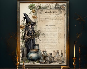 May include: A vintage-style illustration of a witch with a black hat and dress, surrounded by various bottles and jars of potion. The illustration is framed in a gold frame and has the text "Saponette Secrète" and "Mystère Secrète" written on it.