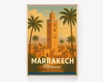 Plakat z podróży do Marrakeszu, sztuka ścienna z Maroka, wydruk z podróży w stylu vintage, wystrój Marrakeszu, prezent z Maroka