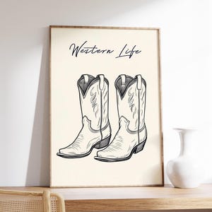 Cowboy Boots Line Art | Western Style Decor | Western Life | Minimalist Boot Print | Vintage Western Poster | Farmhouse Wall Art