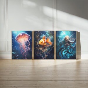 Conjunto de 3 carteles del océano / Póster de arte del océano / Impresión de vida marina / Póster del océano / Impresión de arte Cottagecore del océano oscuro
