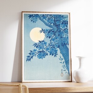 Japanese Poster | Ohara Koson - Blossoming Cherry On A Moonlit Sky | Japanese Print | Ukiyo-e Art Print | Japanese Decor | Blue Wall Art