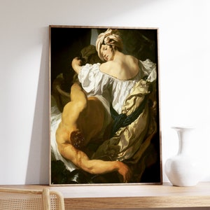 May include: A painting depicting a woman in a white dress and a turban, holding a man's head in her hands. The man is lying on the ground, his body is covered in blood.