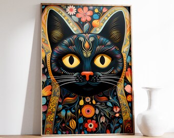 Mexican Cat Decor Poster | Cat Decor Print | Vintage Mexican Wall Art | Mexicn Folk Art Print