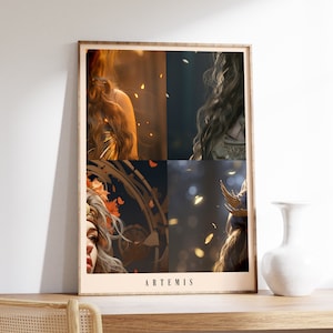 May include: A collage of four images featuring a woman with long, flowing hair. The images are in a grid pattern, with the top left image showing the woman's hair in a golden light, the top right image showing her hair in a dark blue light, the bottom left image showing her face and hair with a crown of leaves, and the bottom right image showing her hair with a crown of gold. The word "ARTEMIS" is printed in white at the bottom of the collage.