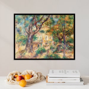 Pode incluir: Uma pintura de uma casa num jardim com árvores. A casa é pintada em tons de amarelo e branco, e as árvores são pintadas em tons de verde, azul e castanho. A pintura é feita num estilo que lembra o impressionismo.