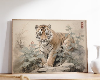 Póster de arte japonés del tigre / Arte mural antiguo de animales / Póster japonés antiguo / Grabado tradicional en madera / Grabado Ukiyo-e