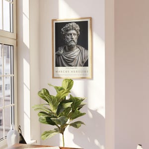 May include: A framed poster with a black and white image of a bust of Marcus Aurelius. The text "To The Memory of" and "Marcus Aurelius" are printed below the image.