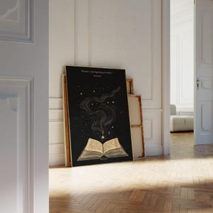 May include: A black and gold poster with a quote from Socrates: "Wonder is the beginning of wisdom." The poster features an open book with a golden glow and stars in the background.