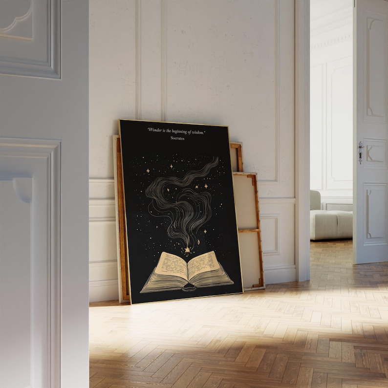 May include: A black and gold poster with a quote from Socrates: "Wonder is the beginning of wisdom." The poster features an open book with a golden glow and stars in the background.