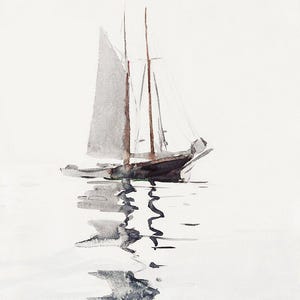 May include: A watercolor painting of a sailboat with two sails on a calm body of water. The sailboat is dark brown and the sails are white. The water is a light blue and the sky is a light gray.