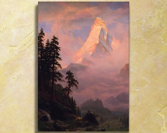 Albert Bierstadt - Sunrise on the Matterhorn (1875) - Classic Painting Mountain Water Photo Poster Print Art Gift Idea Fine Home Wall Decor