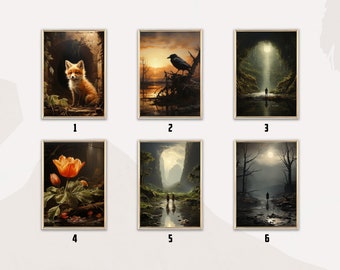 Sfeervolle landschapsprint | Cottagecore-print | Botanische muurkunst | Print uit gotische tijd | Donkere esthetiek | Vintage kunstschilderij | Fairycore-afdruk