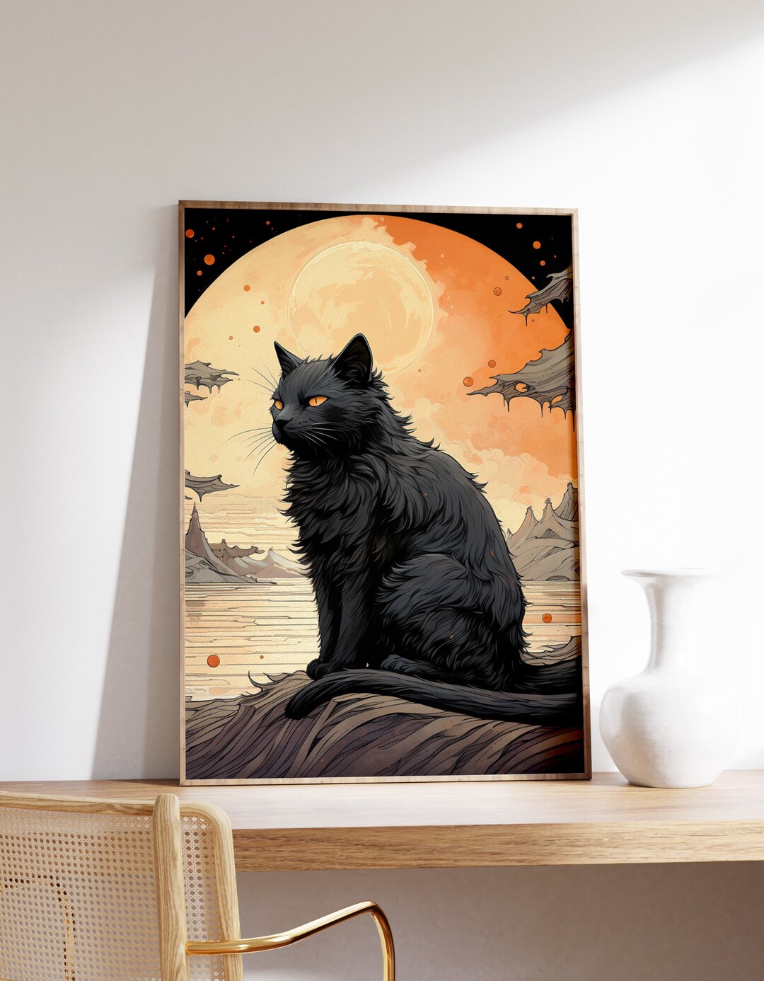 Japanese Black Cat Poster Animal Poster Black Cat Art Etsy