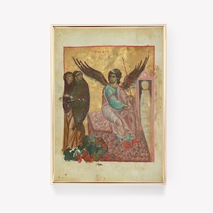 Peut inclure: Une peinture de style byzantin représentant un ange ailé, assis sur un trône, tenant une lance. Deux personnages se tiennent à gauche, l'un portant une robe verte et l'autre une robe brune. La peinture est encadrée d'un cadre doré.