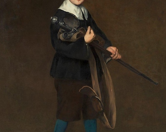 May include: A painting of a young boy in a black jacket and brown pants holding a rifle. He is wearing blue socks and black shoes. The background is a dark brown.