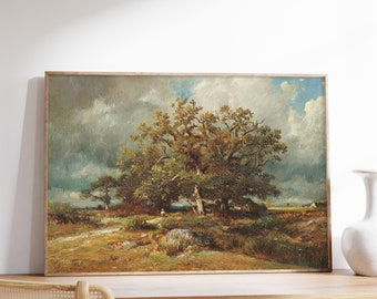 Jules Dupré - De oude eik (1870) | Vintage poster | Platteland schilderij, oud eiken schilderij, weideprint, boerderijdecor, boslandschap