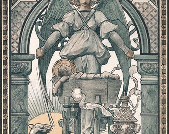 May include: A vintage illustration depicting an angel with outstretched wings, cradling a baby in a manger. The angel is wearing a flowing white gown and has a halo above her head. The manger is bathed in a golden light, and a censer with smoke rising from it is visible. The illustration is framed with an ornate border.