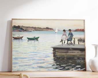 Antique Lakeside Print | Muted Oil Painting | Boat Artwork | Vintage Lake Print | Calmed Landscape Wall Decor | Victorian Wall Art | Decor