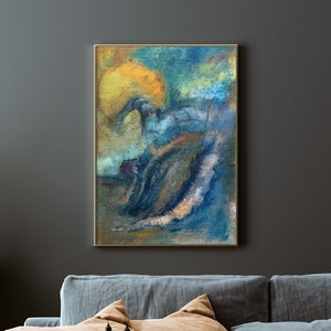 May include: Abstract painting with swirling blue, green, and yellow hues. The painting has a textured, brushstroke effect and is framed in gold.
