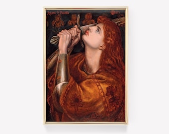 May include: A painting of a woman with long red hair holding a sword. She is wearing a brown and gold tunic and armor. The painting is titled "Jehane la Pucelle" and is dated 1862.