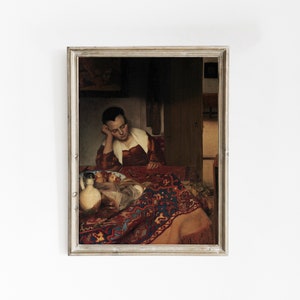 Johannes Vermeer - A Maid Asleep (1656) | Vintage Poster, Reproduction Painting, Sleeping Wall Art, Woman Portrait Print, Antique Home Decor