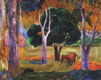 Op de afbeelding: Een schilderij van een boslandschap met een bruin paard, een zwart varken en een klein huis op de achtergrond. De bomen zijn geschilderd in tinten paars, groen en bruin. De lucht is een levendig oranje.