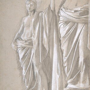 Könnte beinhalten: Eine Schwarzweiß-Bleistiftzeichnung von zwei Figuren, die in fließende Roben gehüllt sind. Die Figur links steht mit erhobenem rechten Arm, während die Figur rechts teilweise verdeckt ist.