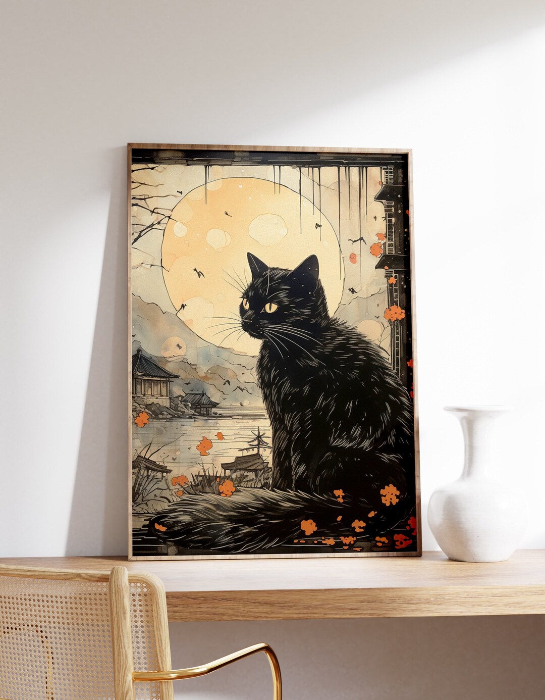 Japanese Black Cat Poster | Animal Poster | Black Cat Art Print ...