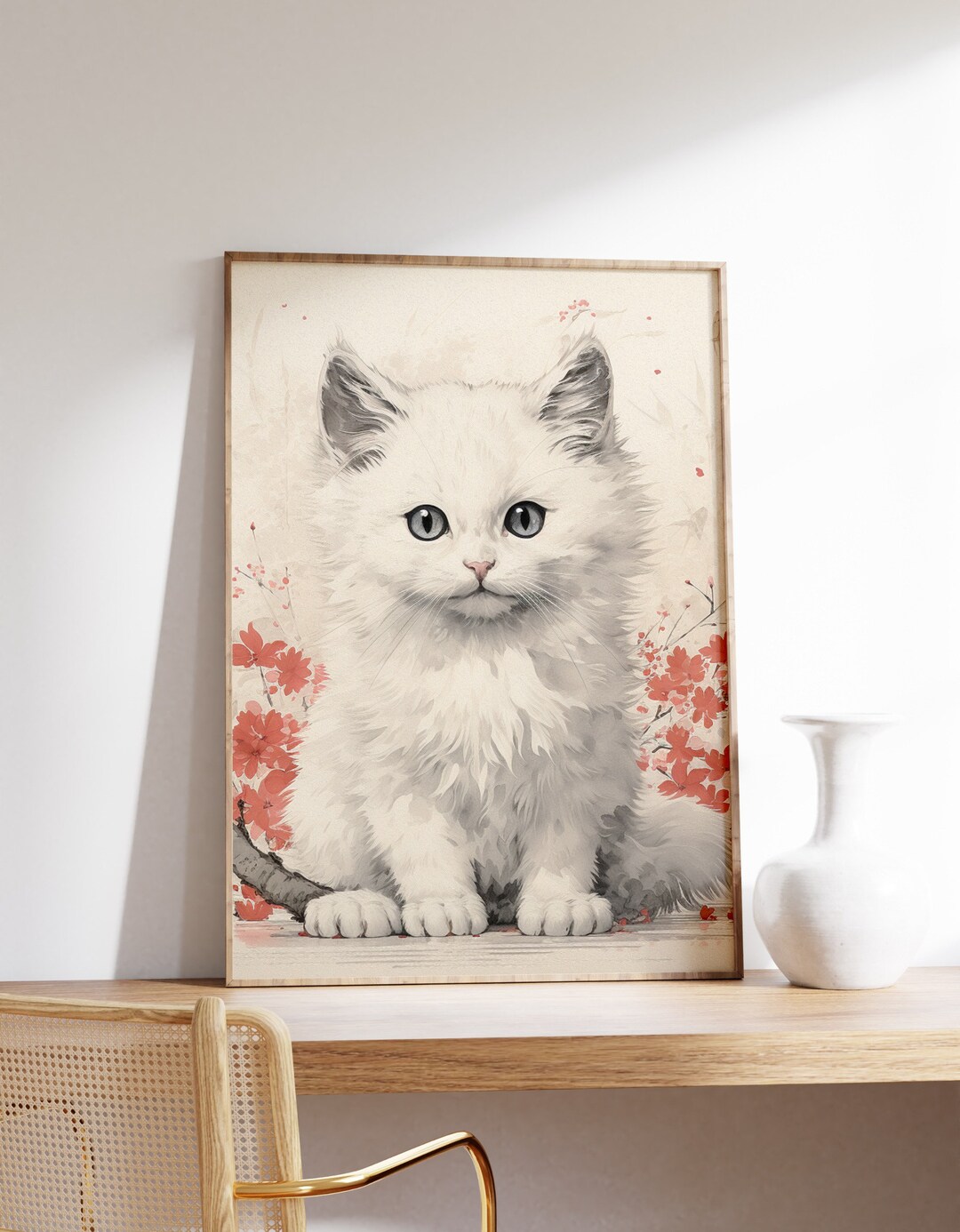 Japanese White Kitten Poster | Animal Poster | White Kitten Art Print ...