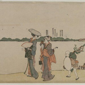 May include: A woodblock print depicting four figures in traditional Japanese clothing walking along a path. The figures are wearing colorful kimonos and carrying fans. The print is set against a backdrop of a cityscape and a body of water.