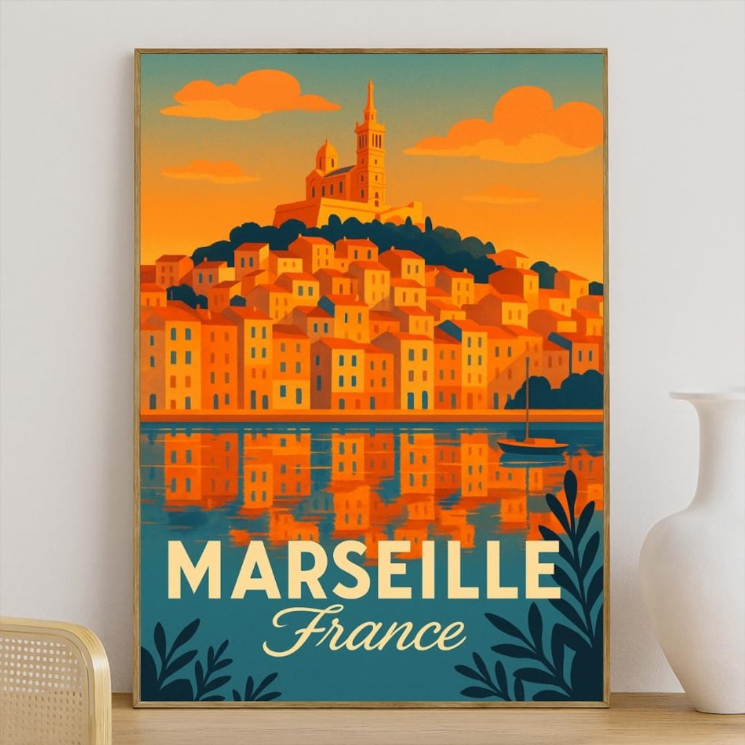 Poster de voyage vintage Marseille France - 20 x 30 cm - Poster sur toile pour décoration d'intérieur : salon