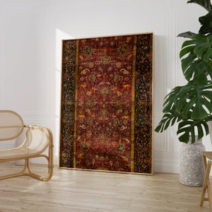 May include: A framed print of a vintage Persian rug with intricate patterns in shades of red, gold, and green.